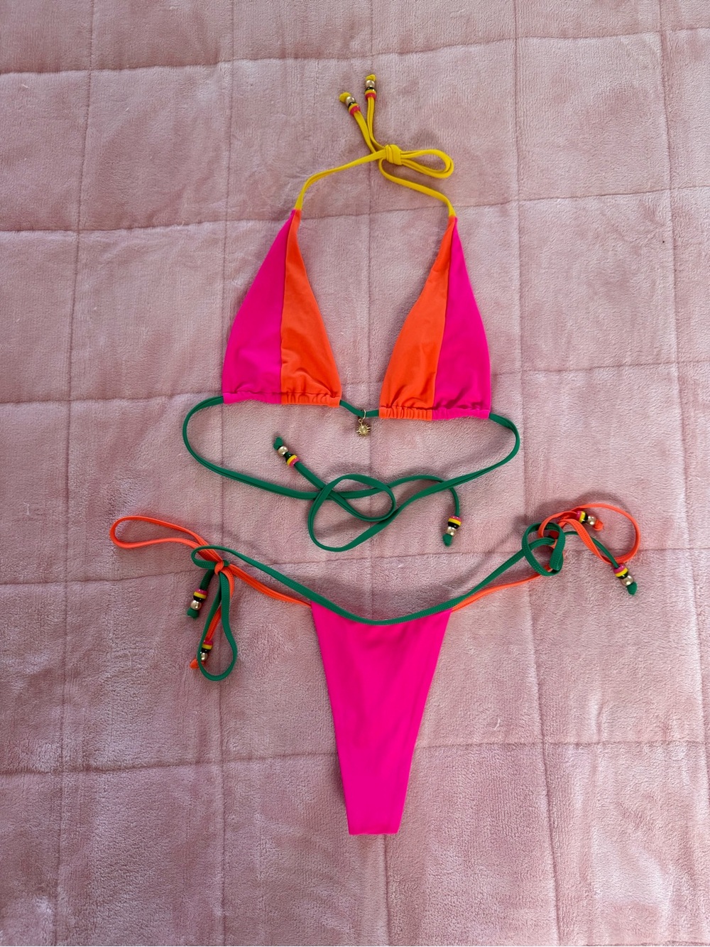 Kulani Kinis Pink & Orange Tie Bikini with Green and Yellow Accents